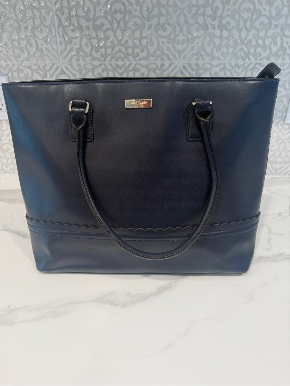 kate spade Navy Leather Scalloped Trim Tote